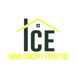 Logo d'IMMO CONCEPT EXPERTISE avec la police ICE et une maison stylisée.