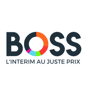 Logo de BOSS, l'intérim au juste prix avec une palette de couleurs.